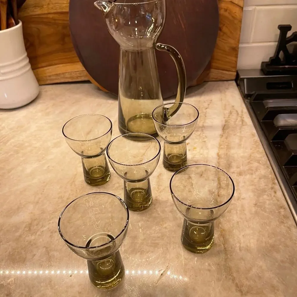 Vtg retro MCM Danish cocktail pitcher +5 martini glasses in a smoky glass